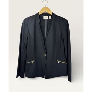 Chicos Black Stretch Kinit Blazer Jacket Gold Zip Pockets Collarless Sz 1 Med/8